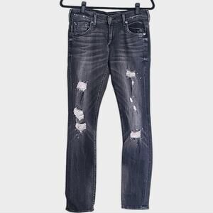 True Religion Women’s Jeans Soft Grunge Moto Distressed Denim Washed Black 23